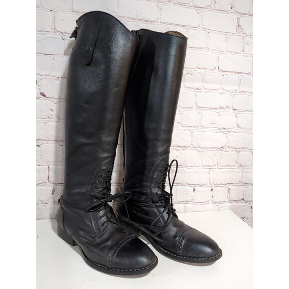 Tall Riding Boots Women's 6.5 Field Black Leather Back Zip Equestrian Front Lace - Picture 1 of 16